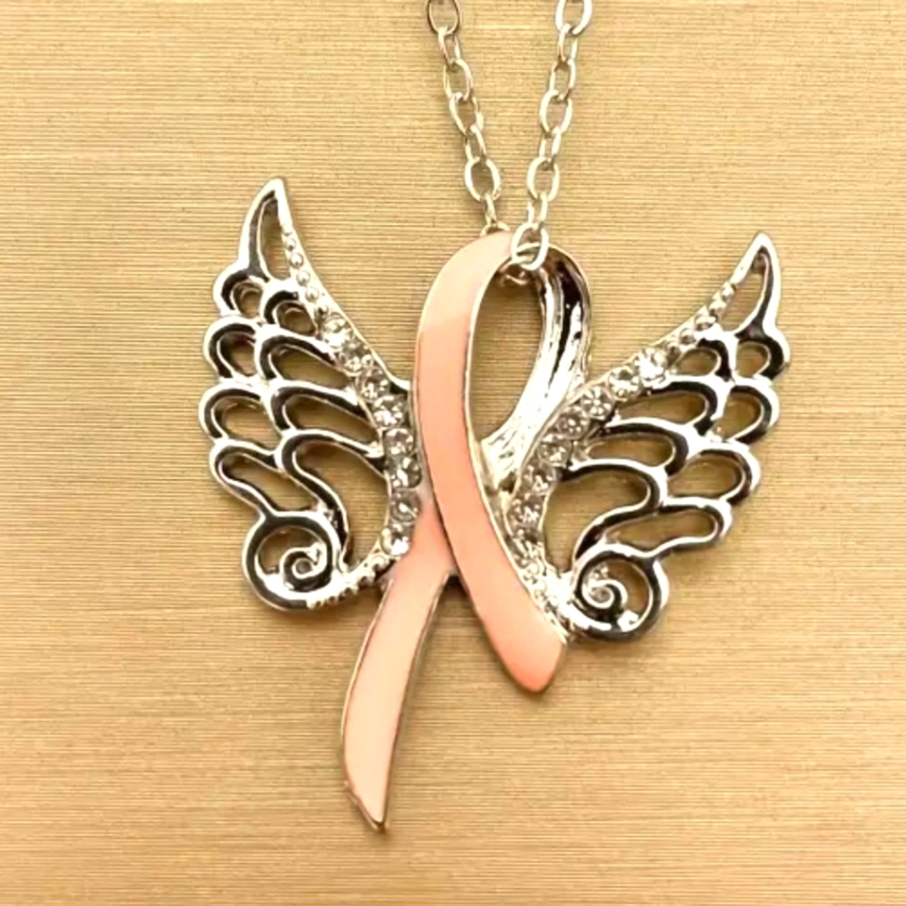 Breast cancer ribbon n wings Necklace